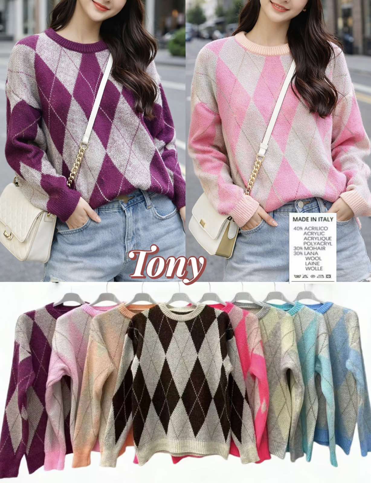 Swetry Damskie  WŁOSKA  , Size uni, paczka 6szt ,mix kolor