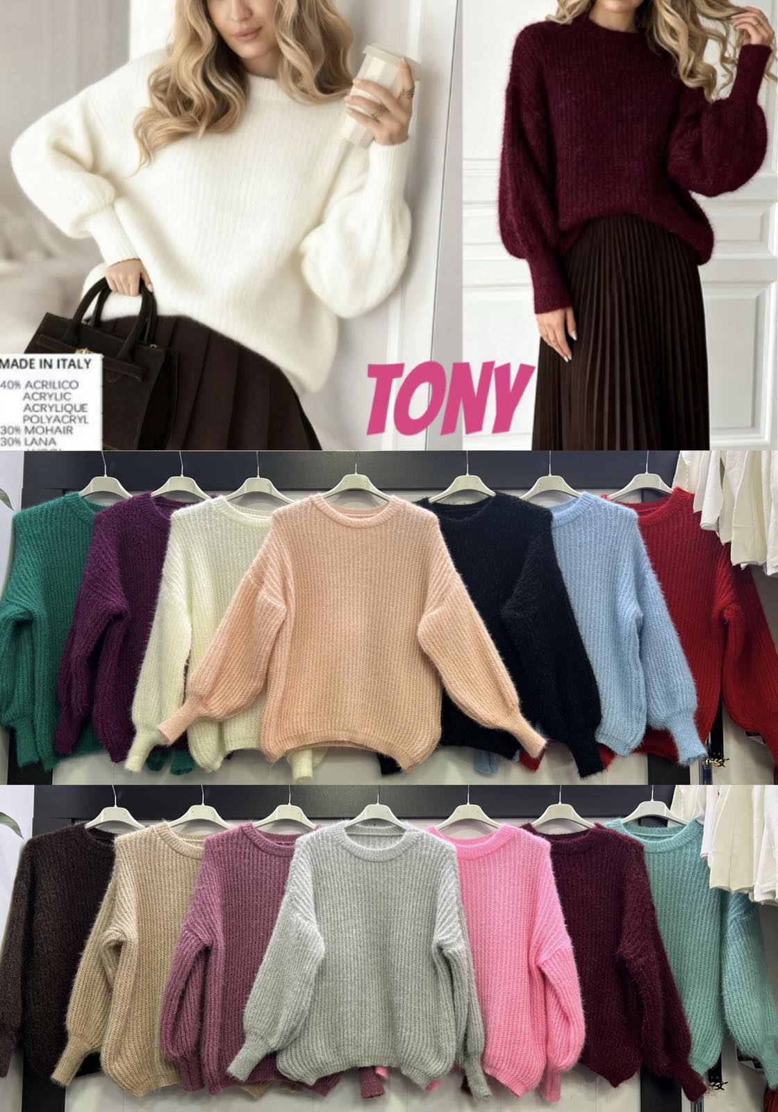 Swetry Damskie  WŁOSKA  , Size uni, paczka 6szt ,mix kolor