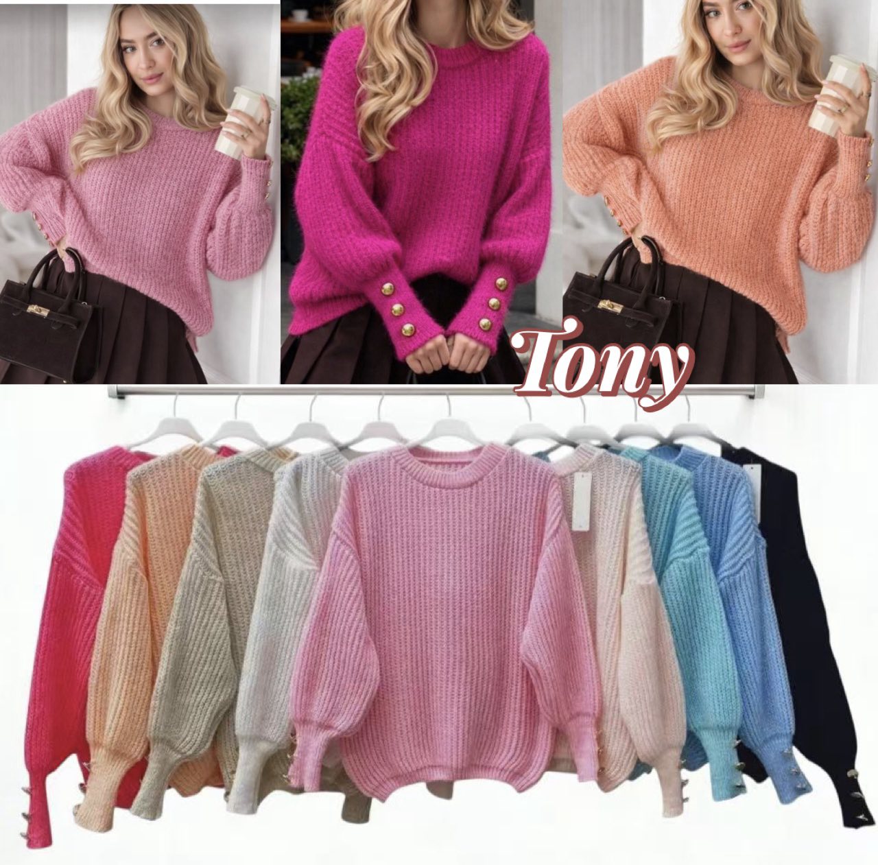 Swetry Damskie  WŁOSKA  , Size uni, paczka 6szt ,mix kolor